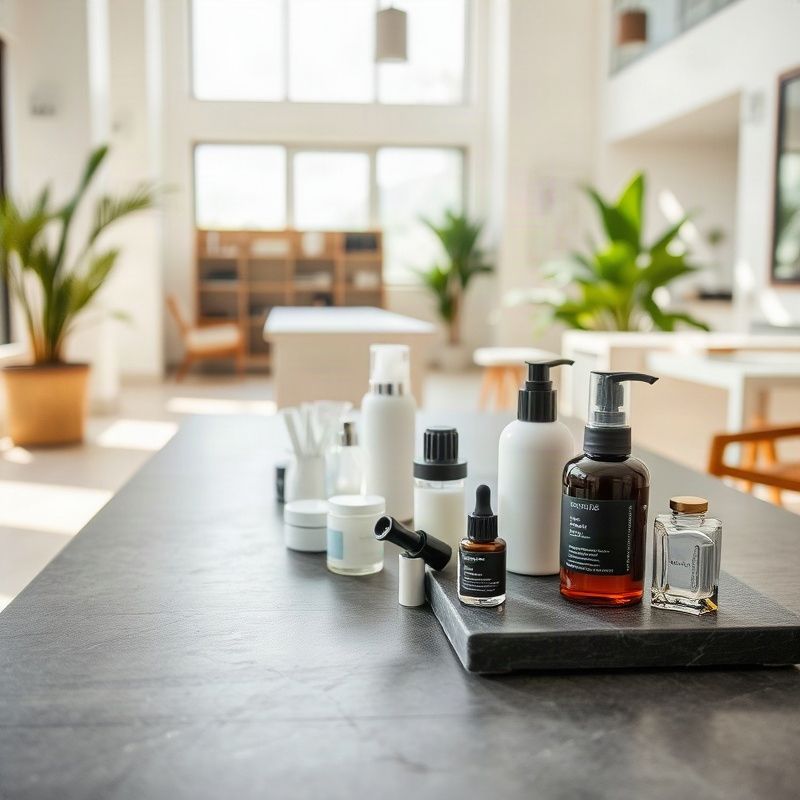 Produtos selecionados dispostos sobre superfície slate em ambiente profissional