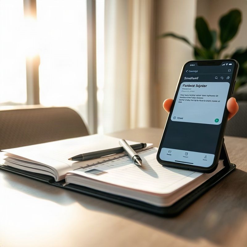 Mesa profissional com agenda, caneta e smartphone exibindo confirmação de agendamento